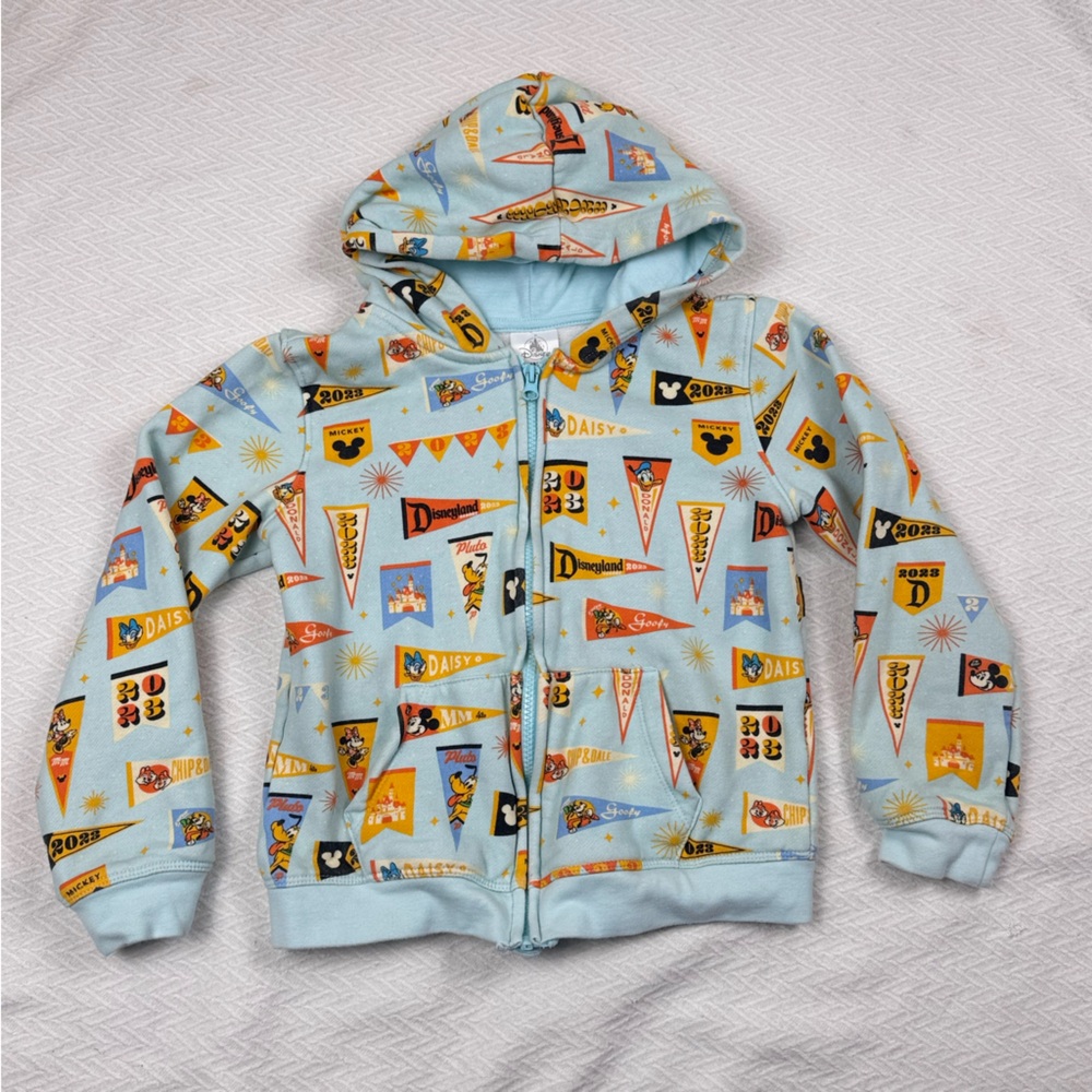 Disney Light Blue Pennant Banner Graphic Hoodie Zip Up Jacket Boys Kids Size M